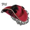 Feathered Costume Hat Halloween Pirate Hat, Captain Accessory, with Burgundy Lace Party And Decor, Lightweight Vintage Style Buccaneer Cap Comfortable
