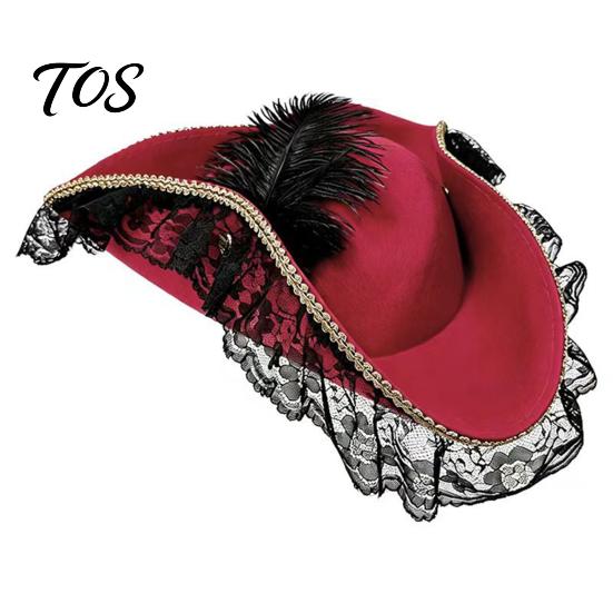 Feathered Costume Hat Halloween Pirate Hat, Captain Accessory, with Burgundy Lace Party And Decor, Lightweight Vintage Style Buccaneer Cap Comfortable