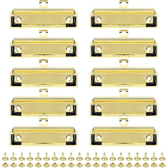 Meetory Mountable Clipboard Clips,Spring Loaded Surface Mount Handle with Rubber Grip and Hanging Hole (10 Pack Gold)