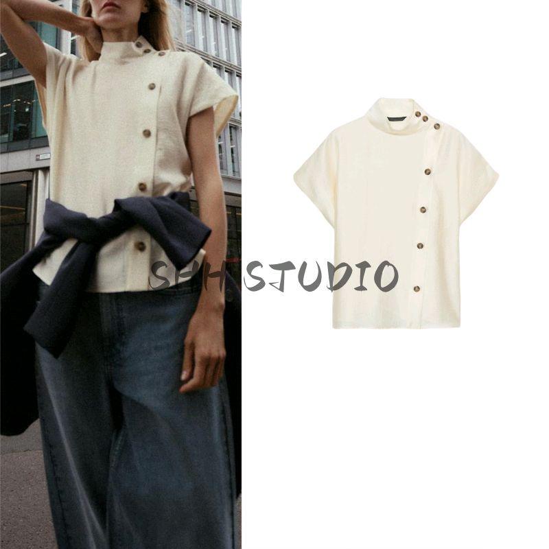 Autumn New Women's Clothing Minimalist Stand Collar Drop Shoulder Sleeveless Contrast Color Decorated Row Button Shirt Tops 8813548