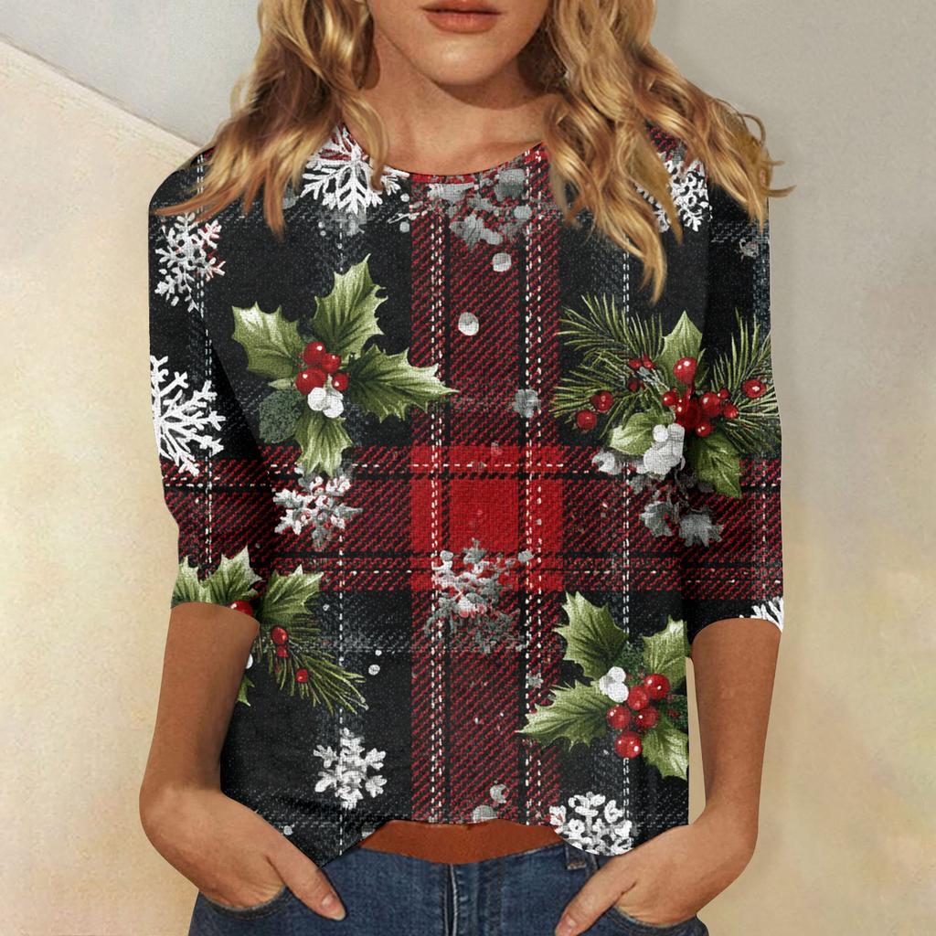 Damebluser Trekvart ermet skjorte V-hals Løs fritidsskjorte Trykk T-skjorte