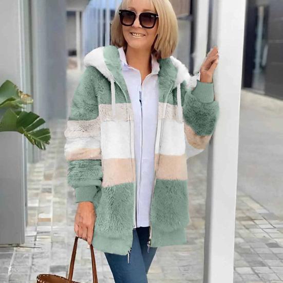 Fuzzy Fleece Jacket for Women Fluffy Sherpa Zip-Up Cardigan Fall Winter Warm Drawstring Hooded Coat with Pockets