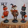 Holiday Fireplace Mantel Decor Wooden Halloween Resin Figurines, Pumpkin Scarecrow Wizard Owl Black Cat Atmospheric Festival Ornaments Statue, Rustic