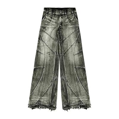 Calças jeans unissex europeias americanas de cintura alta, calças jeans lavadas com borda crua, calças soltas de rua largas e retas de grandes dimensões