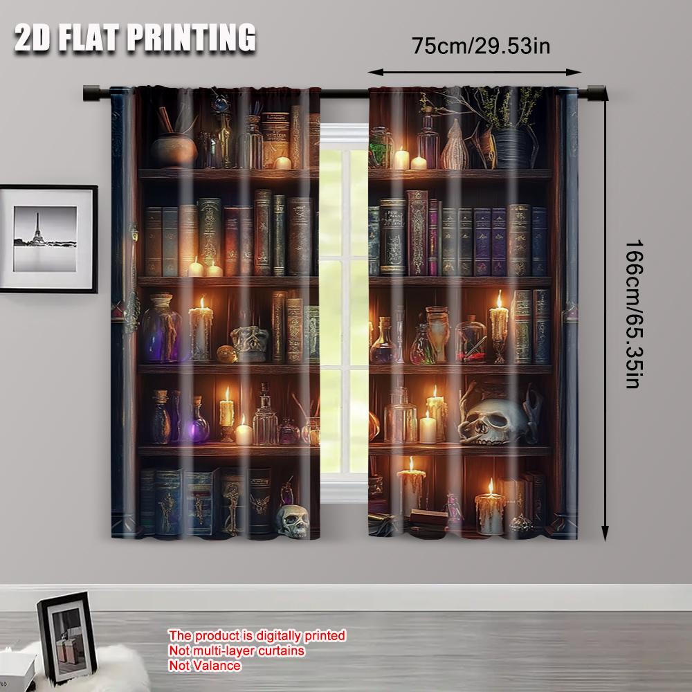 2pcs   Spring Summer Curtains Occult Bookshelf Magic Potions Candles Light Filtering Sheer Curtains Polyester Holiday for