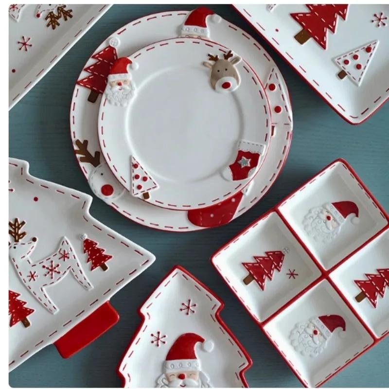 Christmas Hand-painted Ceramic Tableware Set Cute Christmas Steak Plate Embossed Underglaze Color Flat Plate