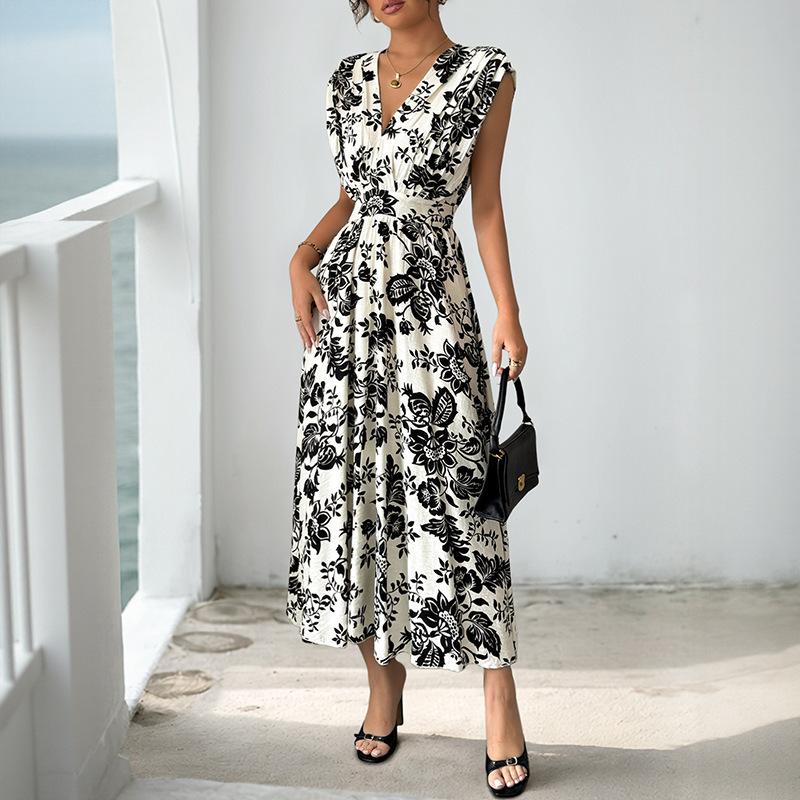 

New European and American retro elegant style black and white flower print v-neck sleeveless dress S чёрный