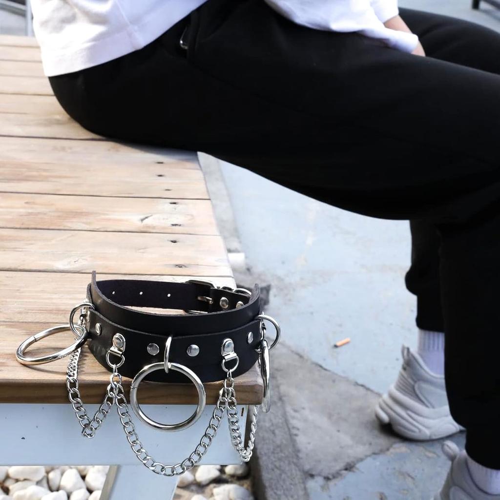 Cool Punk Gothic Collar for Women and Men Black PU Leather Vingate Necklace Adjustable