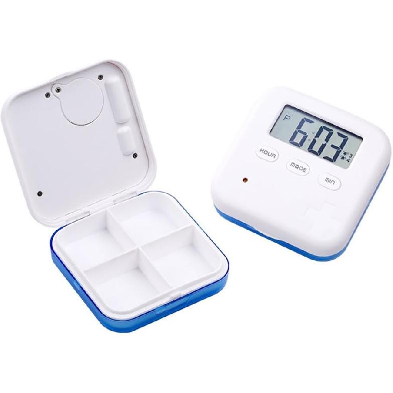 Pill Organizer,Portable Box Daily Organizer Box with Alarm Reminders-4 Compartment Pill Container Case (Blue)