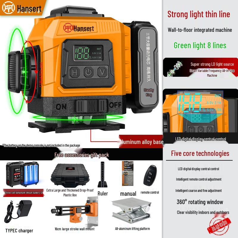 16-line High Precision Green Laser Level with Automatic Leveling for Indoor/Outdoor Use