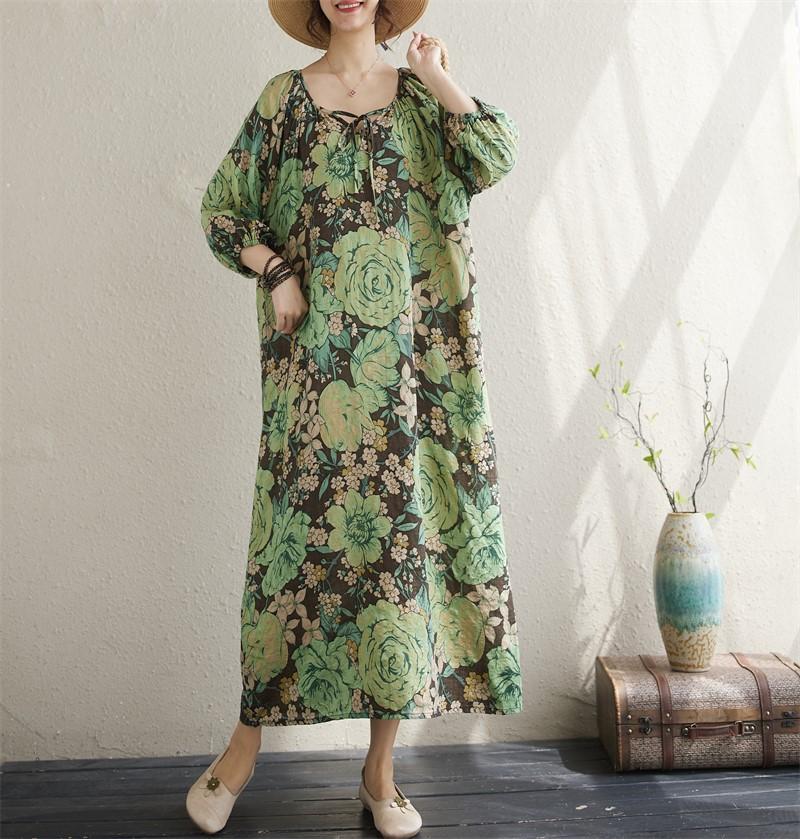 Krátký rukáv Plus size Bavlněné vintage květinové nové šaty pro ženy ležérní volné dlouhé letní šaty