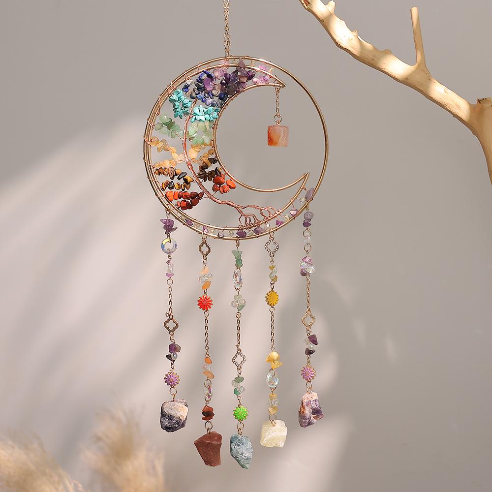 High-End Colorful Crystal Stone Dream Catcher Wind Chime Sun Catcher Decoration for Room Balcony Hanging Ornament Home Decor