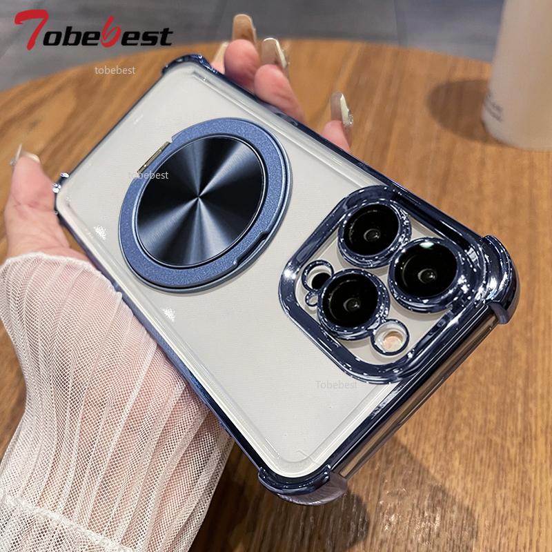 360 Degree Rotating Magnetic Bracket Shockproof Plating Case For iPhone 16 16E 15 14 Plus 13 12 11 Pro Max Silicone Cover