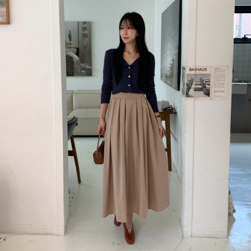 New Arrivals Open Run Women Simple Flare Long Skirt Back Banding Pintuck Design