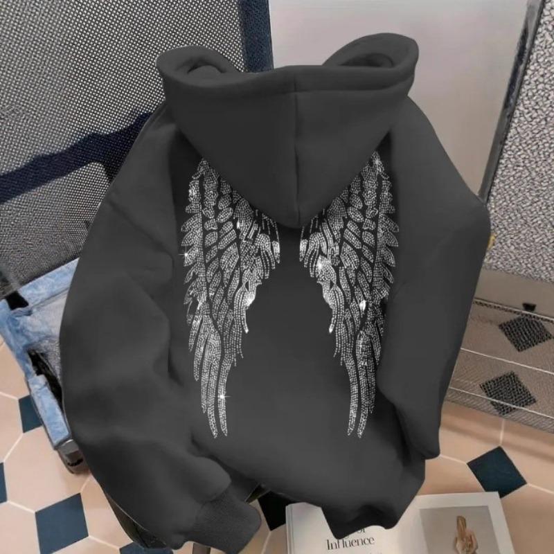 Y2k Hoodies Wing Print Sweater Casual Loose Sweater Pullover Jacket