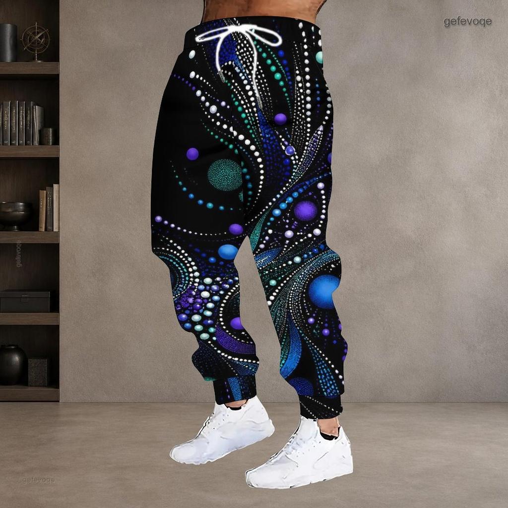 Men Plus Size Drawstring Waist Printed Teal Green Gem Heart Pattern Jogger Pants Cuffed Ankle With Side Pockets Long Trousers