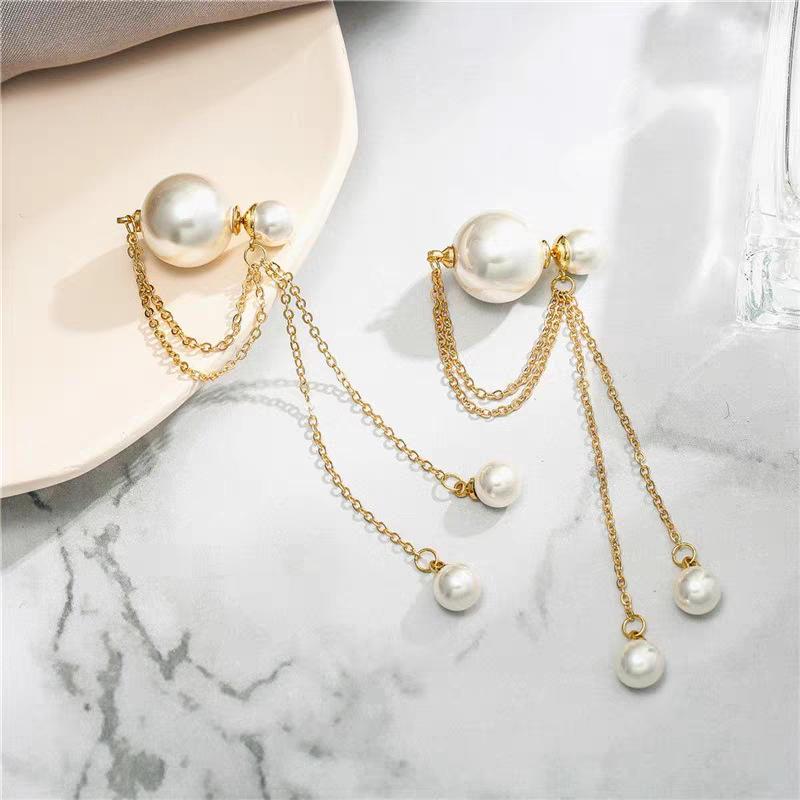 Korean Style Elegant Long Pearl Pendant Earrings for Women - S925 Sterling Silver Studs