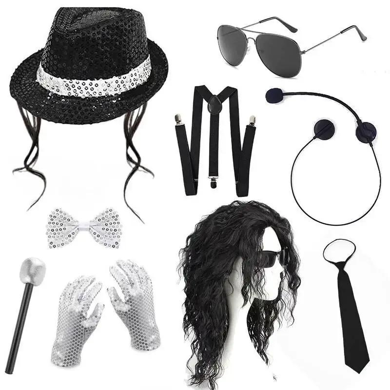 Michael Jackson Cosplay Requisite MJ Hut mit Perücke Handschuh Brillen Set Fans Performance Kostüm Geburtstag Tanz Geschenke Halloween Cosplay
