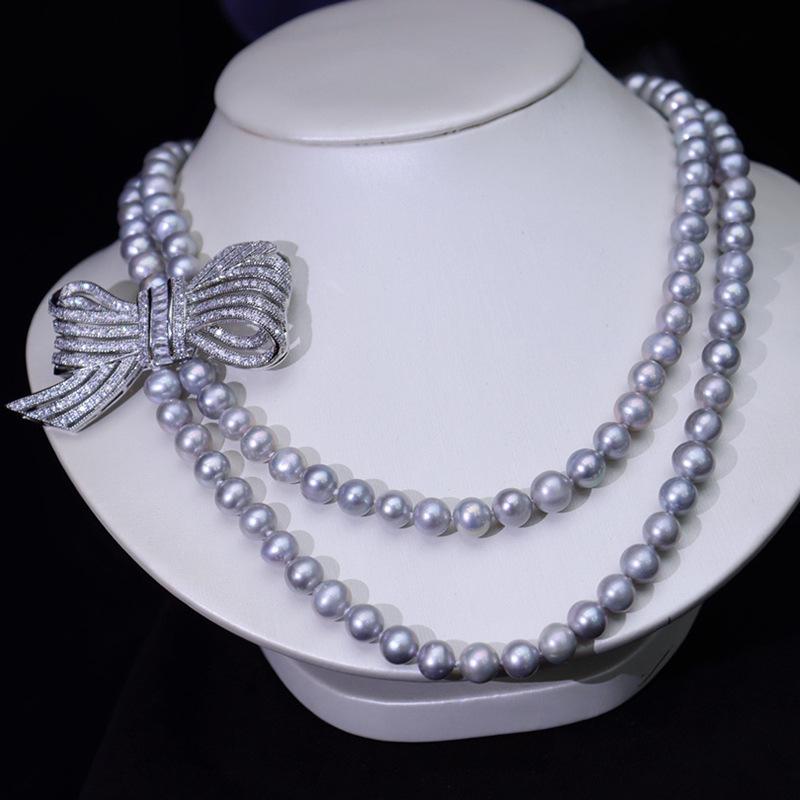 Elegant Freshwater Grey Pearl Double-Layer Necklace with Bowknot Accent 8-9mm