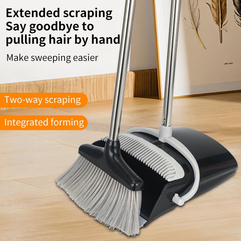 Family Upright Broom & Dustpan Set with Extra Long Handle for Indoor/Outdoor Use
