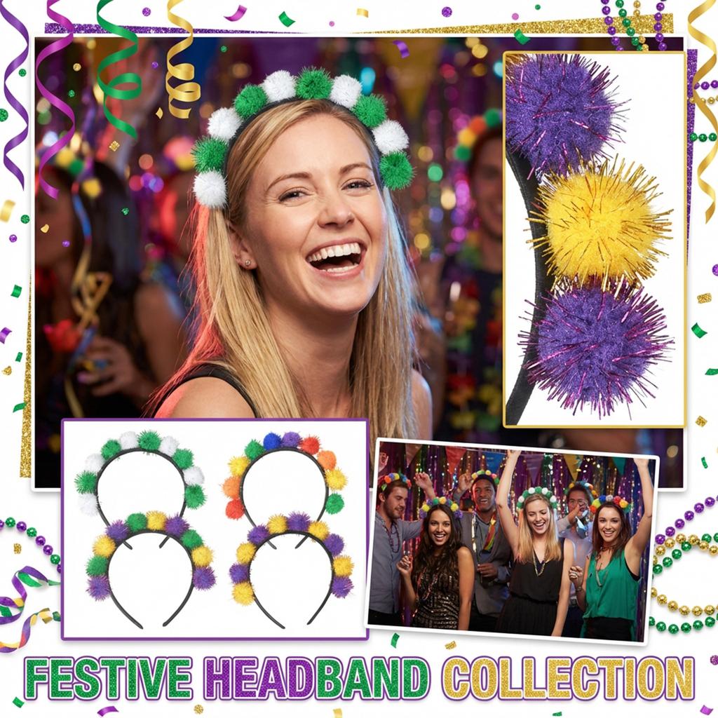 Holiday Decorative Headband With Pom-pom Hair Accessory And Glitter Pom-pom Headband
