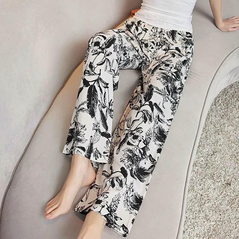 

Брюки летние женские большие размеры свободные пижамные брюки универсальные повседневные с высокой талией широкие льняные брюки M