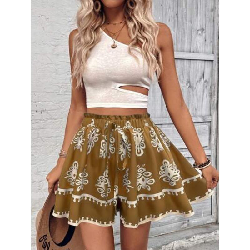 Fashion Summer Bohemian Vacation Women's Wide Leg Shorts High Waisted Casual Loose Female Shorts Printed Vintage Women's Beach Pants New