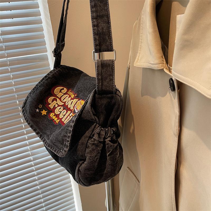 Large Capacity Denim Bag Student Class Crossbody Bag Letter Embroidery Women Commuter Tote Bag