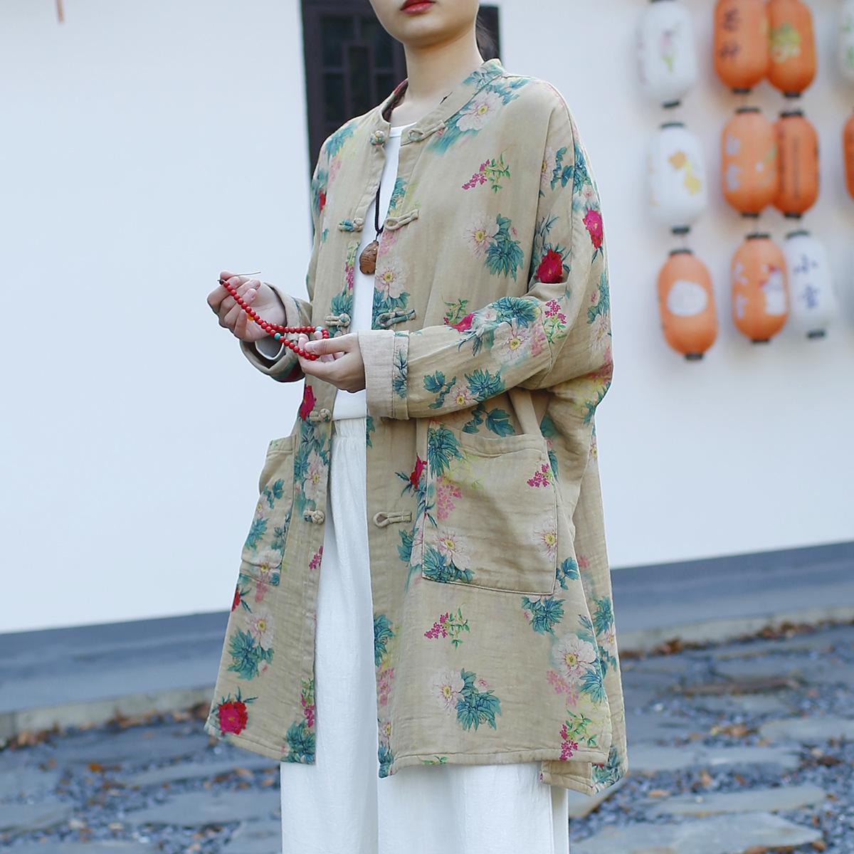 

Johnature Women Vintage Print Floral Trench Stand Long Sleeve Coats Spring Button Pockets Chinese Style Coats One Size