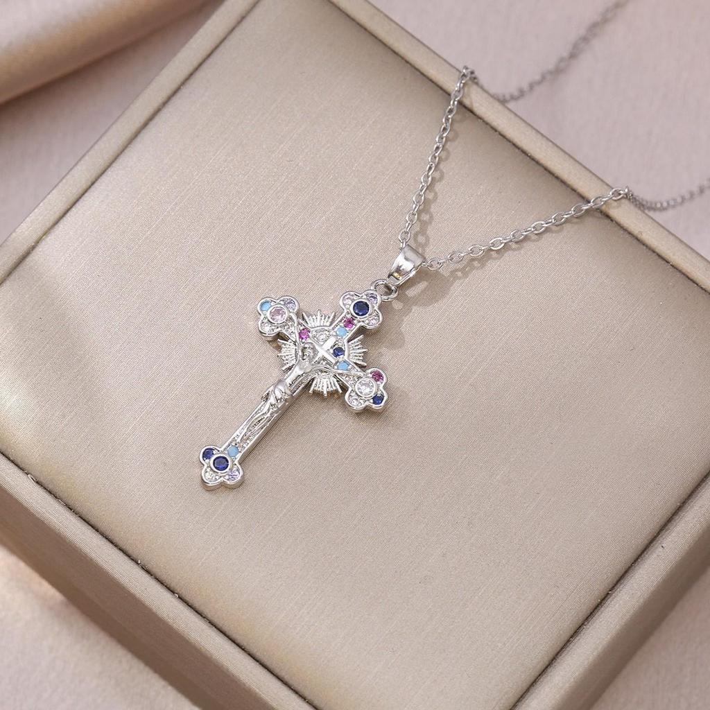 Damen Bunte Zirkon Kreuz Halskette - Nischendesign mit Voll-Diamant-Anhänger an Edelstahlkette