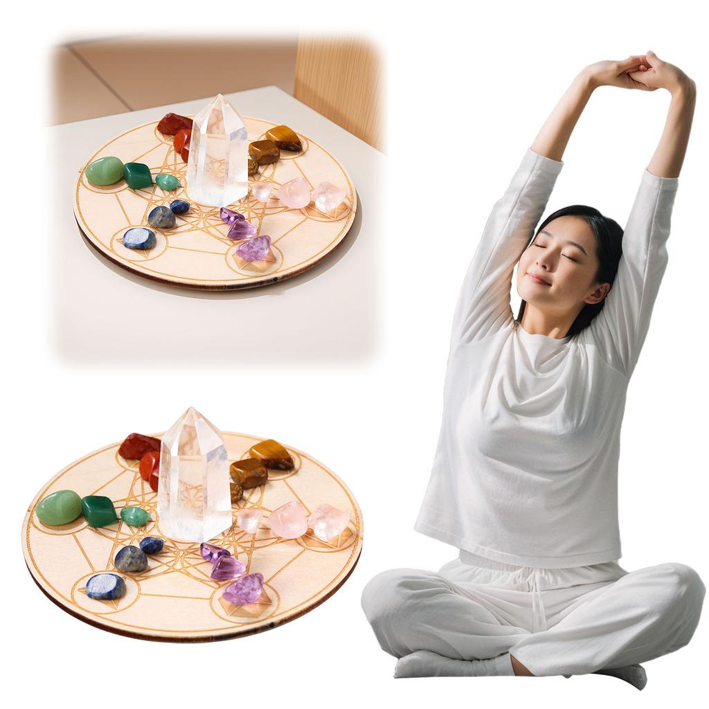 Crystal Desk Display Ornament with Wooden Plate Mineral Degaussing Mixed Stone Crystal Stone Chips Set for Spiritual Meditate