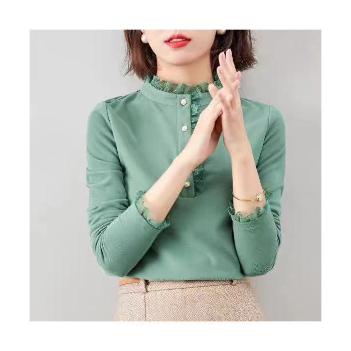 Threaded Double-sided Fleece Autumn and Winter Base Shirt for Women's Latest Standing Collar Lace Thickened Long-sleeved Inner Top