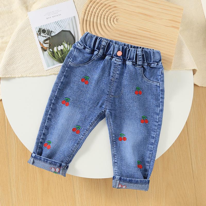 

Джинсы для девочек в корейском стиле, светло-голубые - Модные длинные брюки свободного кроя для весны и осени 90 cm вишня