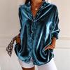 Spring Women's Teal Velvet Lapel Button Down Long Sleeve Casual Shirt