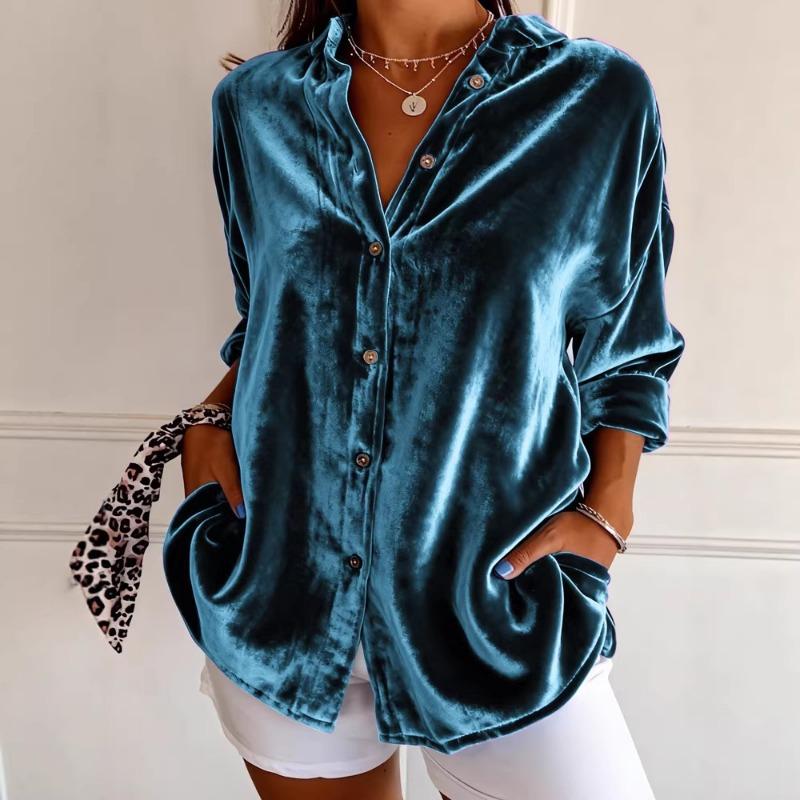 Spring Women's Teal Velvet Lapel Button Down Long Sleeve Casual Shirt
