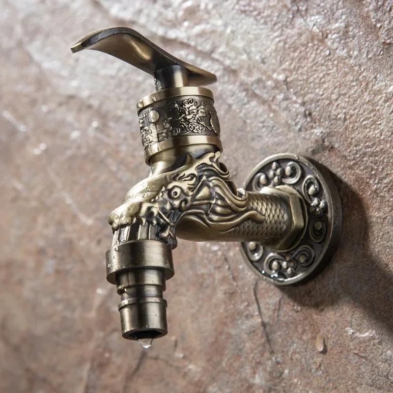 Antique Brass Basin Faucet Washing Machine Faucet Small Tap Carved Wall Mount Zinc Alloy Antique Bronze Outdoor Faucet Garden
