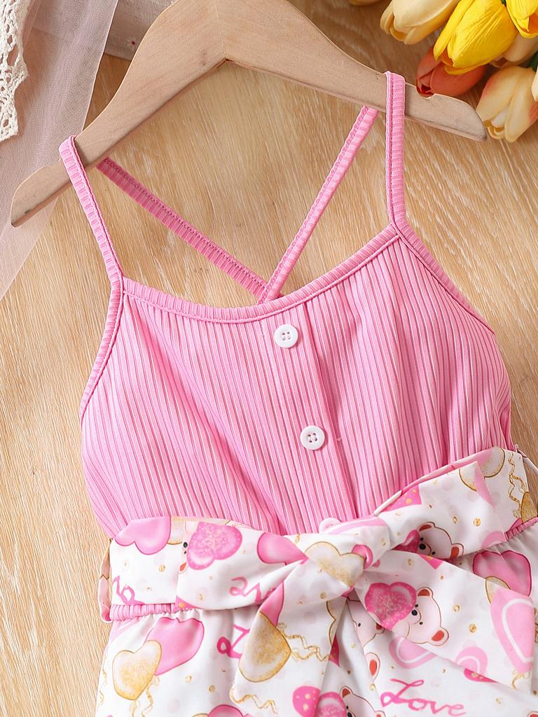 Girls' Little Doll Love Bear One-Piece Pants for Little Girls - Summer Style - Back Crossed Shoulder Straps - Tight Waist Design - One-Piece Pants