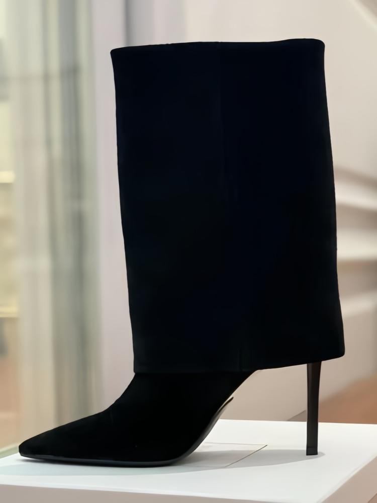 EU/US Suede Mid-Calf Boots - Pointed Toe Stiletto Heels Solid Color Over Pants Boots for Women Office Chic Winter Footwear