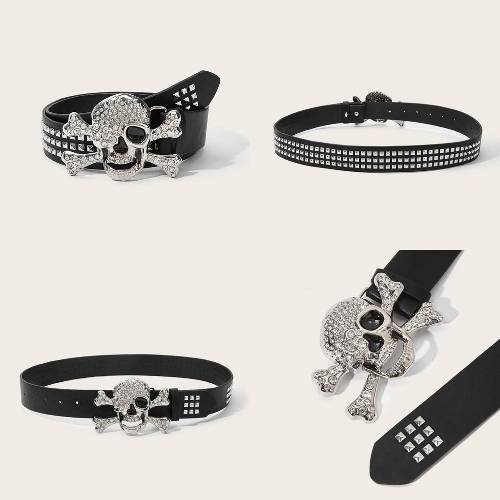 Style Skull Punk Pattern Pu Belt With Snap Closure For Youth And Casual Outfits
