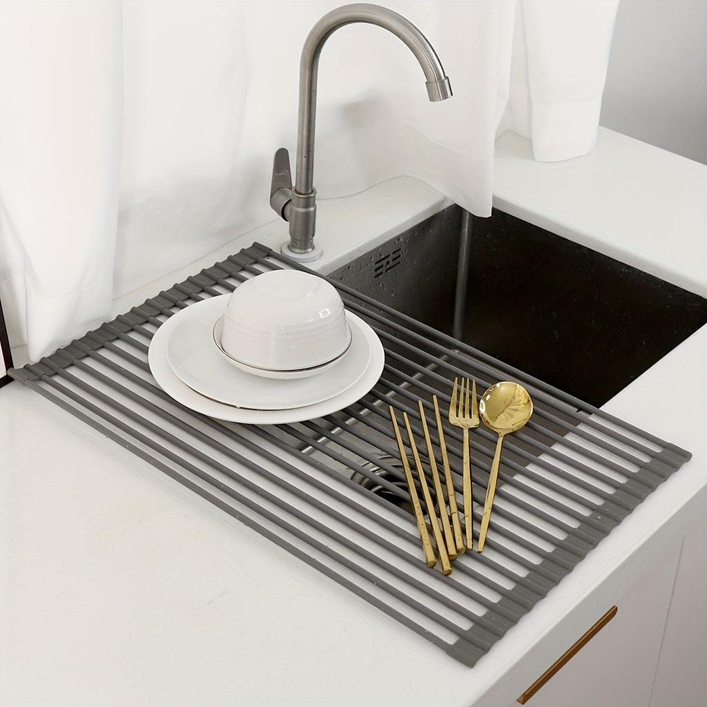Silicone Drain Rack, Foldable Kitchen Sink Draining Rack for Vegetables And Dishes, Large Roll-up Folding Draining Rack with Heat Insulation Pad