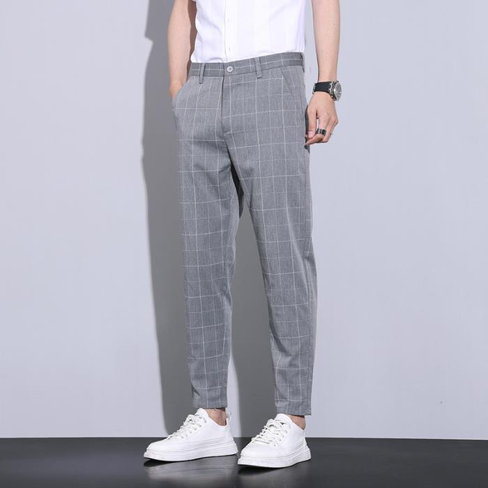 Secțiune ultra-subțire de vară carouri pantaloni nouă sferturi costum pantaloni drepți largi 9 pantaloni pantaloni casual pentru bărbați trend versatil