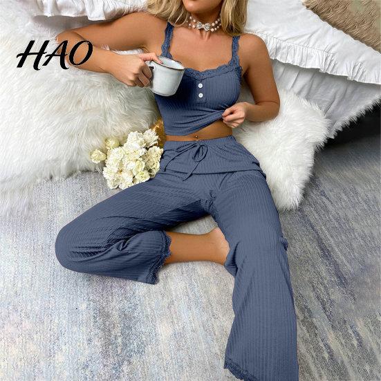 Women Pajamas 2 Pcs/Set Pants Top Suit Low-cut V Neck Sleeveless Solid Color Shirring Drawstring High Sleepwear Set Elastic Waist Lace Summer Homewear