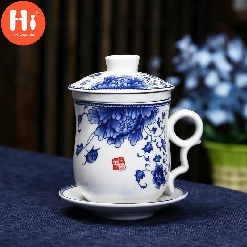 Hi Blue and White Porcelain Office Teacups with Lid Filter Creative Ceramic Hand-Painted Water Cups Household Drinkware Gifts