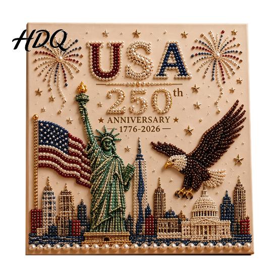 USA Lettering Pearl Art 250th Anniversary Painting Kit DIY Set Patriotic Bead with Frame