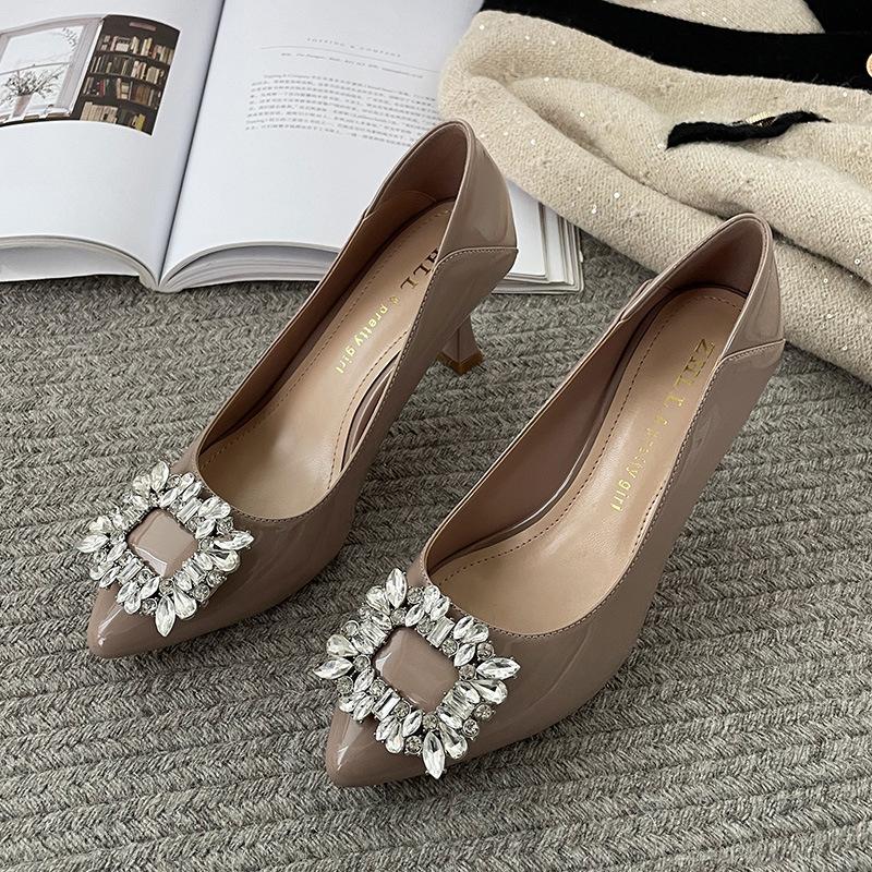 High heels women's thin heels pointed toes nude women's single shoes fattened and widened large size women's shoes-4 rhinestones women's medium heel