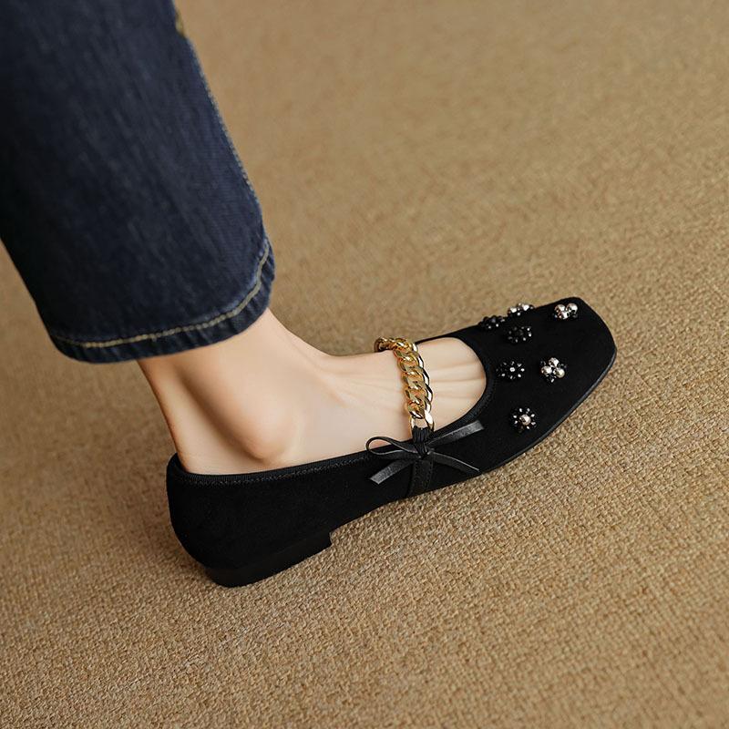 

Square head beaded flower metal chain Mary Jane shoes women s retro versatile low-heeled single shoes 40 чёрный