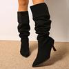 Fashion Vintage Thin High Heel Knee High Boots Women 2025 Sexy Pointed Toe Long Black Boots Woman Slip On Pleated Faux Suede Botas Mujer
