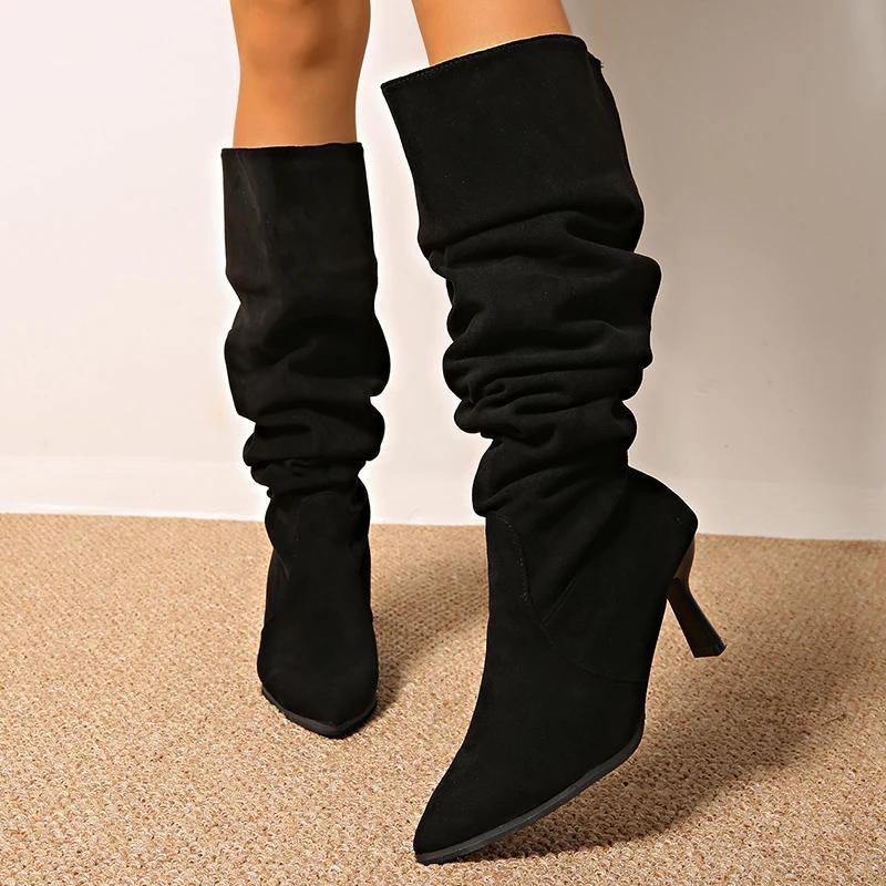 Fashion Vintage Thin High Heel Knee High Boots Women 2025 Sexy Pointed Toe Long Black Boots Woman Slip On Pleated Faux Suede Botas Mujer