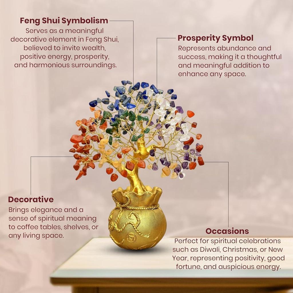 7 Chakra Crystal Tree with Golden Money Bag Base/Natural Gemstone Decorative Showpiece Bonsai Tree for Home & Office Decor