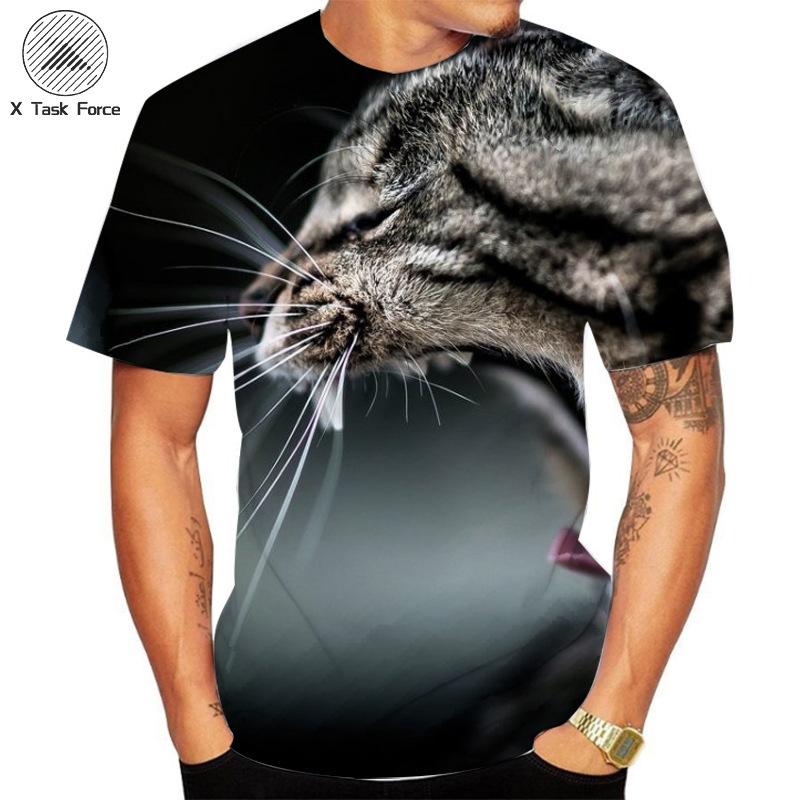 Summer Round Neck 3D Cat Printed Top Fashionable Casual Short Sleeved Men's T-shirts